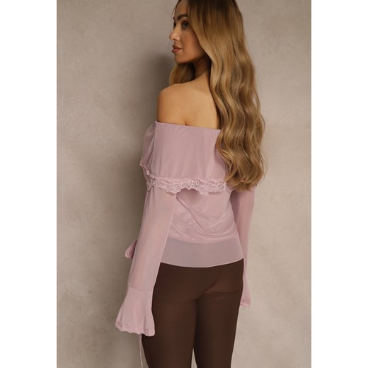 Różowa Bluzka Off Shoulder z Falbankami z Siateczki z Bawełny i Wiskozy Renee L renee.pl