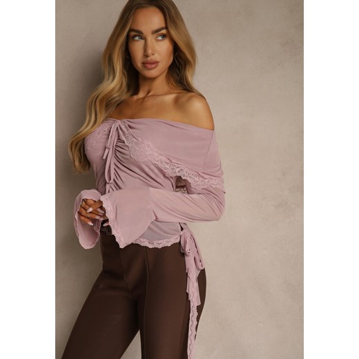 Różowa Bluzka Off Shoulder z Falbankami z Siateczki z Bawełny i Wiskozy Renee M renee.pl