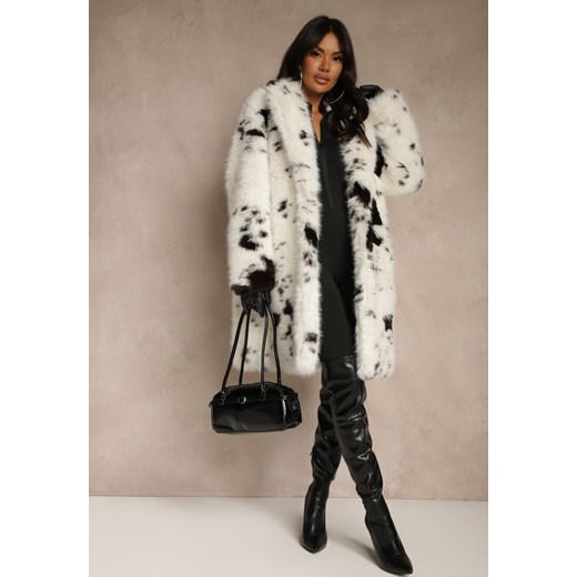 Biało-Brązowy Długi Futrzany Płaszcz w Krowie Łaty Otirona ze sklepu renee.pl w kategorii Płaszcze damskie - zdjęcie 186659750
