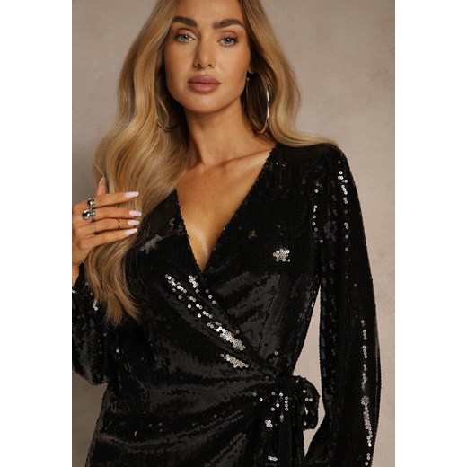 Czarna Kopertowa Sukienka Zdobiona Cekinami i Wiązaniem w Talii Epravia Renee M renee.pl