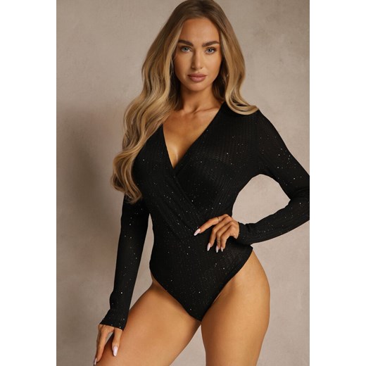 Czarne Body z Dodatkiem Wiskozy o Kopertowym Kroju z Brokatem i Cekinami Naddie ze sklepu renee.pl w kategorii Body damskie - zdjęcie 186659903