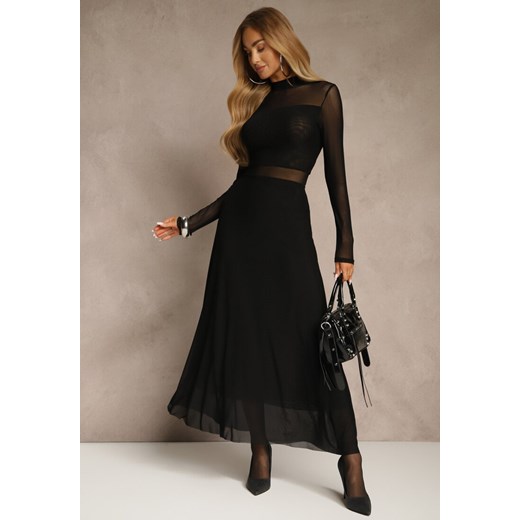 Czarna Rozkloszowana Sukienka Longsleeve z Siateczki z Dodatkiem Wiskozy Eprella ze sklepu renee.pl w kategorii Sukienki - zdjęcie 186659953