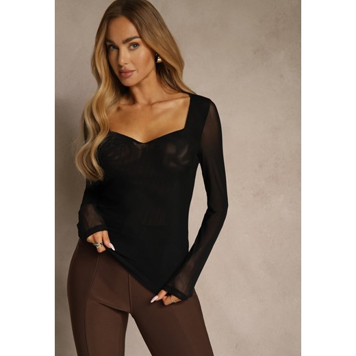 Czarna Bluzka Longsleeve z Siateczki z Wiskozą z Dekoltem w Serce Elinevia Renee S renee.pl