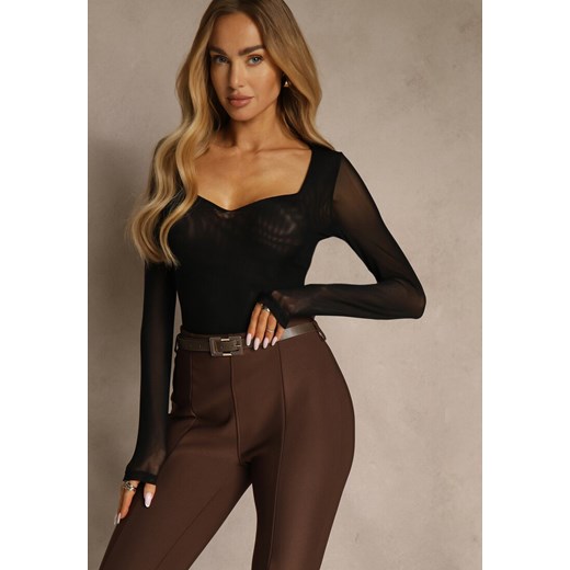 Czarna Bluzka Longsleeve z Siateczki z Wiskozą z Dekoltem w Serce Elinevia - id: HS9907-38-BLACK - marki Renee - 186659963 Czarna Bluzka Longsleeve z Siateczki z Wiskozą z Dekoltem w Serce Elinevia ze sklepu renee.pl w kategorii Bluzki damskie - zdjęcie 186659963