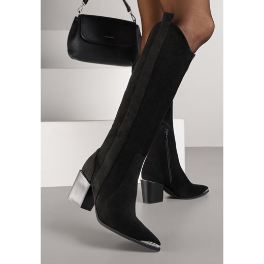 Czarne Kozaki Kowbojki z Imitacji Zamszu na Słupku z Metalicznym Noskiem Freija ze sklepu born2be.pl w kategorii Kozaki damskie - zdjęcie 186660084