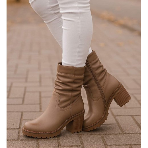 Damskie botki z wysoką cholewką Khaki /G4-2 18322 W341/ ze sklepu Pantofelek24.pl w kategorii Botki - zdjęcie 186661442