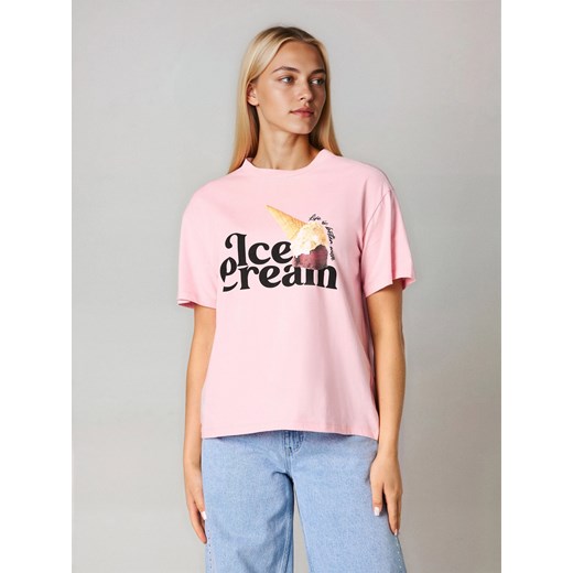 Sinsay - Bawełniana koszulka z nadrukiem - różowy Sinsay M Sinsay