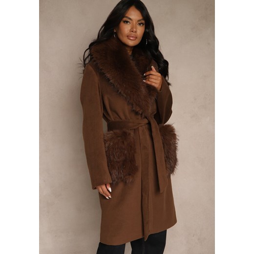 Brązowy Płaszcz z Futrzanym Kołnierzem Kieszeniami i Wiązanym Paskiem Perria ze sklepu renee.pl w kategorii Płaszcze damskie - zdjęcie 186666570