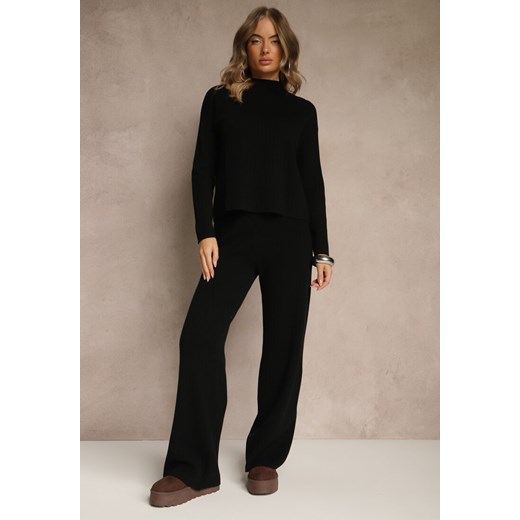 Czarny Komplet z Prążkowanej Dzianiny Spodnie Wide Leg i Sweter ze Stójką Feniria - id: WMY-5744-MIX3K-38-BLACK - marki Renee - 186666592 Czarny Komplet z Prążkowanej Dzianiny Spodnie Wide Leg i Sweter ze Stójką Feniria ze sklepu renee.pl w kategorii Komplety i garnitury damskie - zdjęcie 186666592