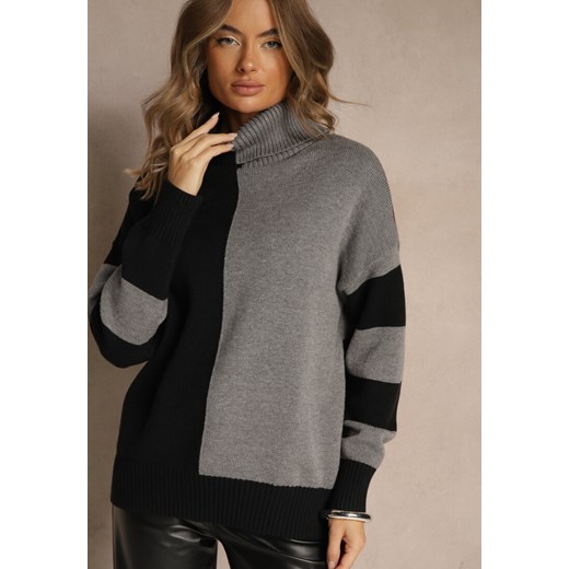 Czarno-Szary Golf w Geometryczny Wzór w Paski Rallessia Renee ONE SIZE renee.pl