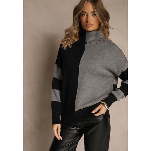 Czarno-Szary Golf w Geometryczny Wzór w Paski Rallessia Renee ONE SIZE renee.pl
