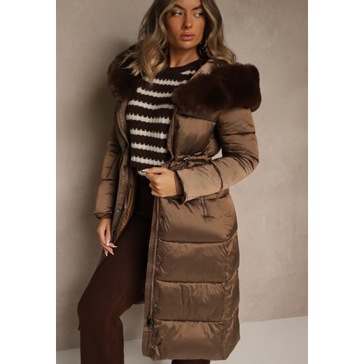 Brązowa Puchowa Kurtka Pikowana o Długim Kroju z Kapturem z Futerkiem Bavea ze sklepu renee.pl w kategorii Kurtki damskie - zdjęcie 186668330