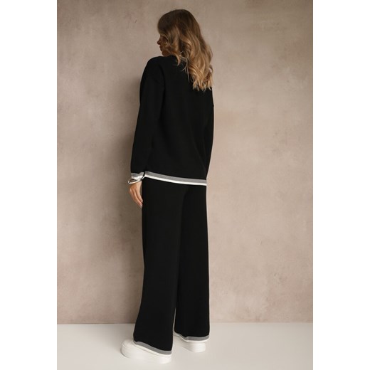 Czarny Komplet Dzianinowy Sweter i Spodnie Wide Leg z Ozdobną Lamówką Ralenia Renee XL renee.pl