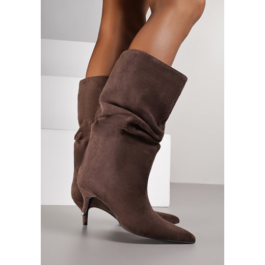 Brązowe Marszczone Botki na Obcasie Typu Kaczuszka Nalonia 40 born2be.pl