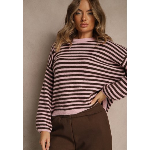 Różowy Oversizowy Sweter w Paski z Domieszką Wełny i Wiskozy Tidania Renee ONE SIZE renee.pl
