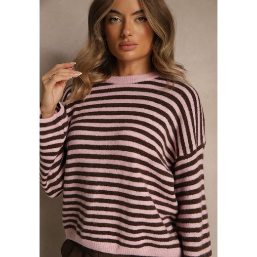 Różowy Oversizowy Sweter w Paski z Domieszką Wełny i Wiskozy Tidania Renee ONE SIZE renee.pl