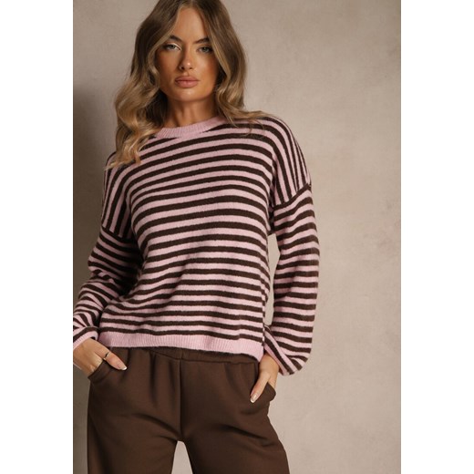 Różowy Oversizowy Sweter w Paski z Domieszką Wełny i Wiskozy Tidania Renee ONE SIZE renee.pl