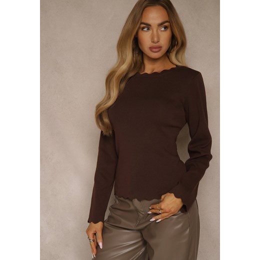 Brązowy Sweter z Wiskozą i Ozdobną Falbanką Mevidella Renee M renee.pl