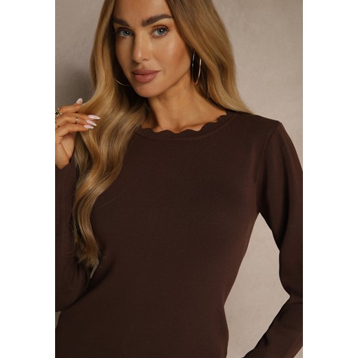 Brązowy Sweter z Wiskozą i Ozdobną Falbanką Mevidella Renee S renee.pl