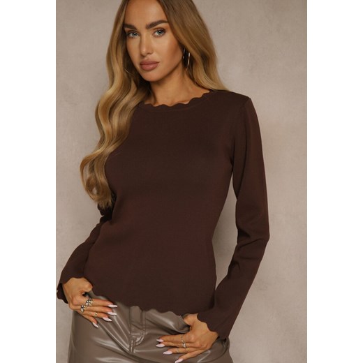 Brązowy Sweter z Wiskozą i Ozdobną Falbanką Mevidella Renee S renee.pl
