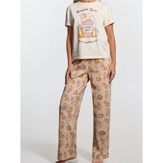 Sinsay - Bawełniana piżama dwuczęściowa z motywem jesiennym - kremowy ze sklepu Sinsay w kategorii Piżamy damskie - zdjęcie 186674180