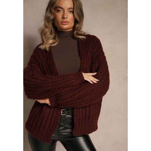 Bordowy Oversizowy Kardigan Bez Zapięć z Dodatkiem Wełny i Wiskozy Titanesa ze sklepu renee.pl w kategorii Swetry damskie - zdjęcie 186678822