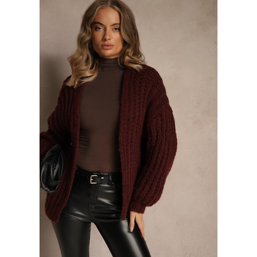 Bordowy Oversizowy Kardigan Bez Zapięć z Dodatkiem Wełny i Wiskozy Titanesa ze sklepu renee.pl w kategorii Swetry damskie - zdjęcie 186678823