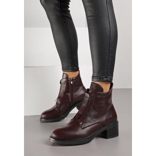 Bordowe Botki ze Skóry Naturalnej na Słupku Ozdobione Przeszyciami Deleisa Renee 39 renee.pl