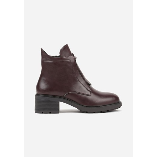 Bordowe Botki ze Skóry Naturalnej na Słupku Ozdobione Przeszyciami Deleisa Renee 40 renee.pl