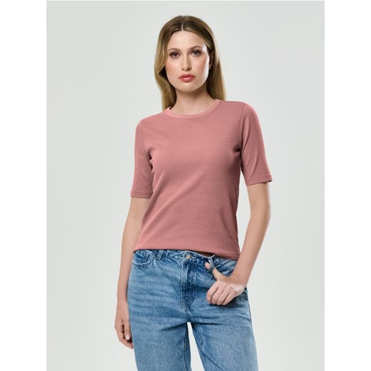 Sinsay - Prążkowana koszulka z krótkim rękawem - różowy - id: 525EU-39X - marki Sinsay - 186679530 Sinsay - Prążkowana koszulka z krótkim rękawem - różowy ze sklepu Sinsay w kategorii Bluzki damskie - zdjęcie 186679530