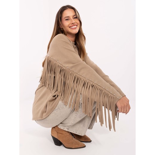 Luźna bluza damska z frędzlami ciemny beżowy (21695) ze sklepu goodlookin.pl w kategorii Bluzy damskie - zdjęcie 186681331