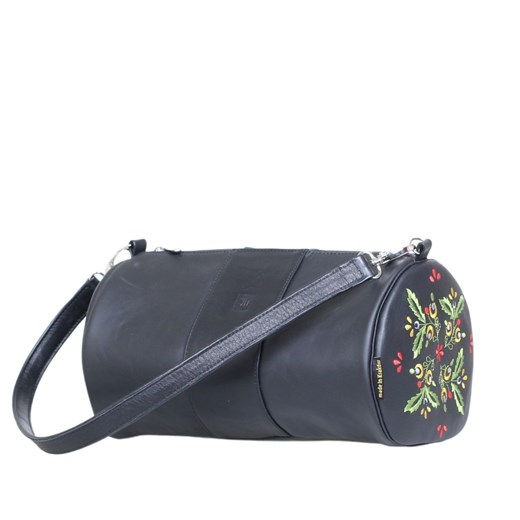 czarna skórzana okrągła torebka tuba z haftem folkowym kwiatowym ze sklepu Słoń Torbalski w kategorii Listonoszki - zdjęcie 186693882