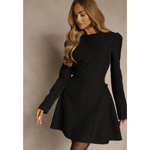 Czarna Sukienka o Rozkloszowanym Kroju z Ozdobą z Boku Eleslia ze sklepu renee.pl w kategorii Sukienki - zdjęcie 186694602