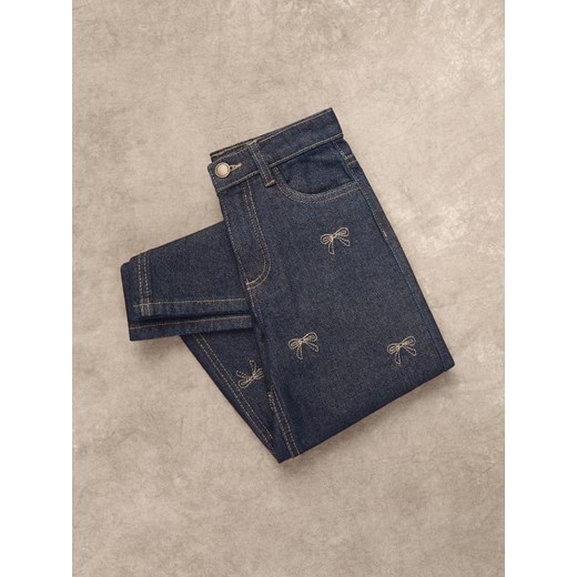 Reserved - Jeansy super wide leg z haftem - granatowy ze sklepu Reserved w kategorii Spodnie dziewczęce - zdjęcie 186696803