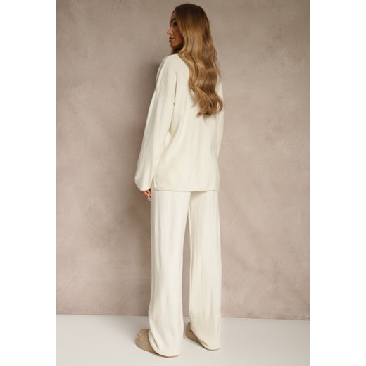 Biały Komplet Oversize z Dzianiny z Wełną Sweter i Szerokie Spodnie Alenria Renee M renee.pl