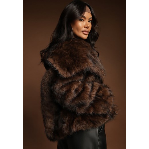 Brązowa Futerkowa Kurtka Dwurzędowa z Szerokim Kołnierzem Fesandrea Renee L renee.pl