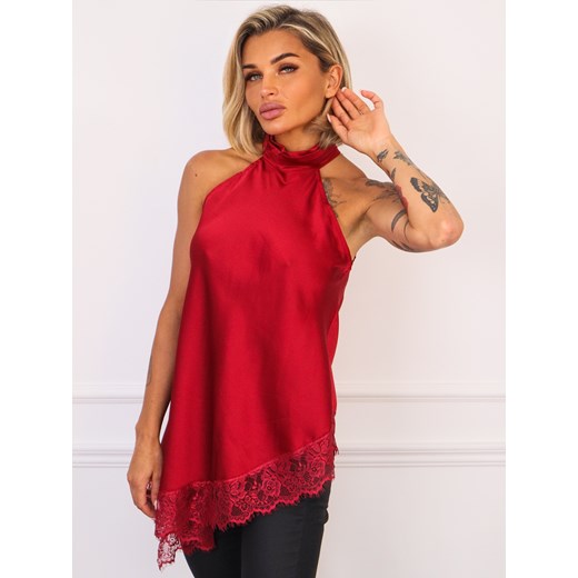ASYMETRYCZNY TOP SATYNOWY Z WYSOKIM KOŁNIERZEM I KORONKOWĄ LAMÓWKĄ- BORDOWY ze sklepu olika.com.pl w kategorii Bluzki damskie - zdjęcie 186707532