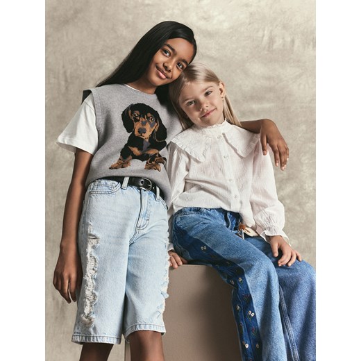 Reserved - Jeansy wide leg z haftem - niebieski ze sklepu Reserved w kategorii Spodnie dziewczęce - zdjęcie 186708151