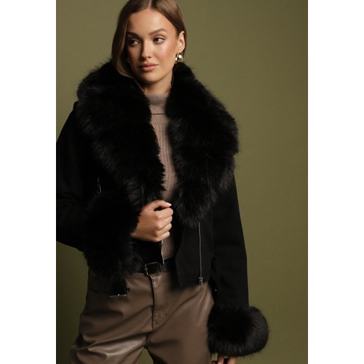 Czarna Ocieplana Kurtka Ramoneska z Futrem przy Kołnierzu i Rękawach Mevesala L born2be.pl