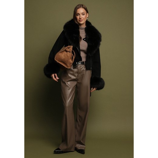 Czarna Ocieplana Kurtka Ramoneska z Futrem przy Kołnierzu i Rękawach Mevesala L born2be.pl