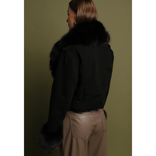 Czarna Ocieplana Kurtka Ramoneska z Futrem przy Kołnierzu i Rękawach Mevesala S born2be.pl