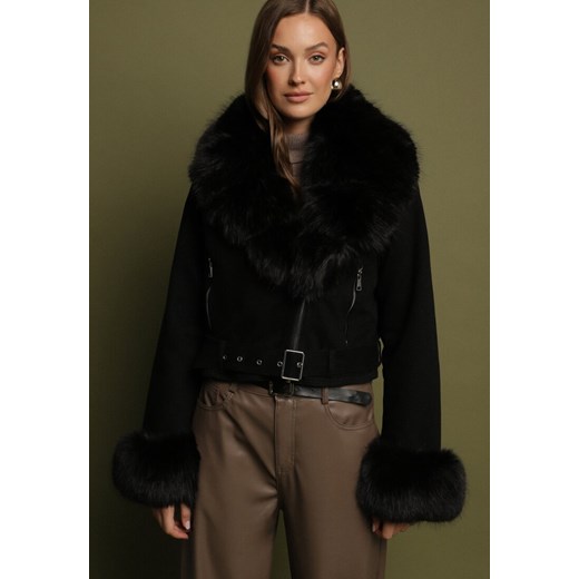 Czarna Ocieplana Kurtka Ramoneska z Futrem przy Kołnierzu i Rękawach Mevesala L born2be.pl