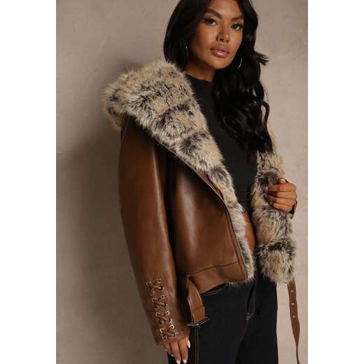 Brązowa Kurtka Ramoneska z Kapturem z Futrem z Możliwością Odpięcia Aplinna ze sklepu renee.pl w kategorii Kurtki damskie - zdjęcie 186712630