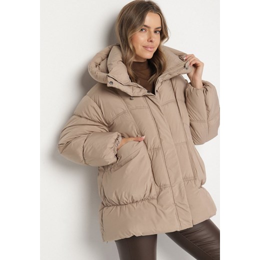 Beżowa Pikowana Kurtka o Kroju Oversize z Kapturem Galandia L born2be.pl