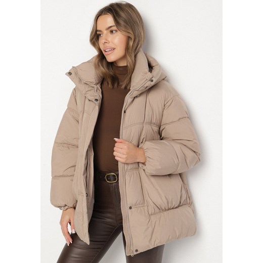 Beżowa Pikowana Kurtka o Kroju Oversize z Kapturem Galandia XL born2be.pl