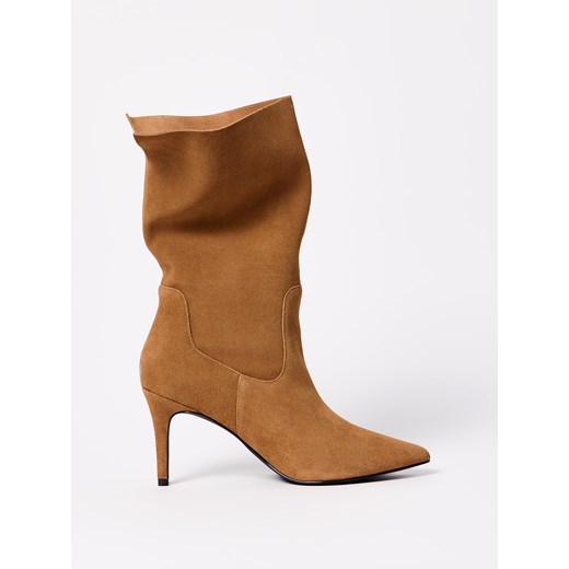 Mohito - Skórzane brązowe kozaki na szpilce - brązowy ze sklepu Mohito w kategorii Kozaki damskie - zdjęcie 186717112