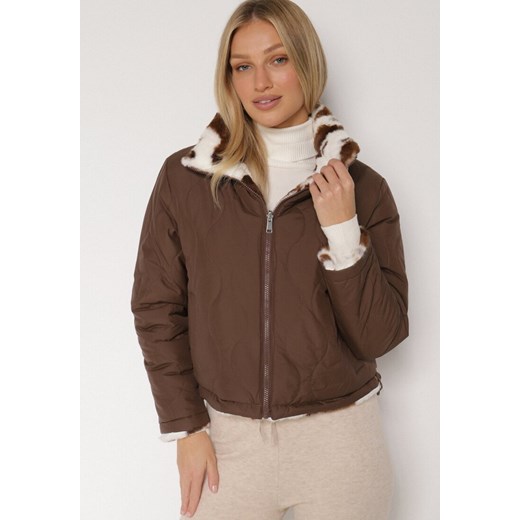 Brązowa Dwustronna Pikowana Kurtka z Futerkiem w Łaty Meviatella M born2be.pl