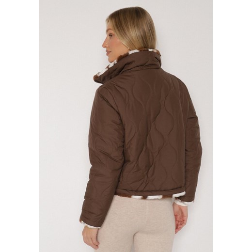 Brązowa Dwustronna Pikowana Kurtka z Futerkiem w Łaty Meviatella L born2be.pl