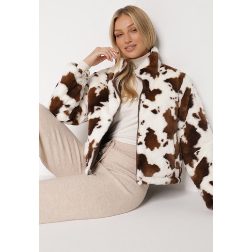 Brązowa Dwustronna Pikowana Kurtka z Futerkiem w Łaty Meviatella M born2be.pl