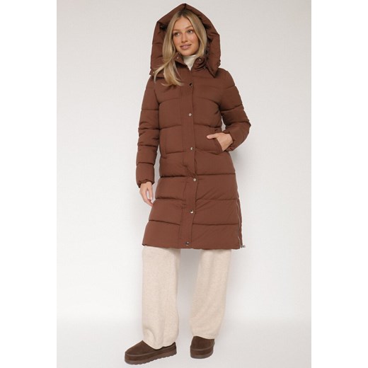 Brązowa Pikowana Kurtka z Odpinanym Kapturem Ozdobiona Suwakami Zairens L born2be.pl